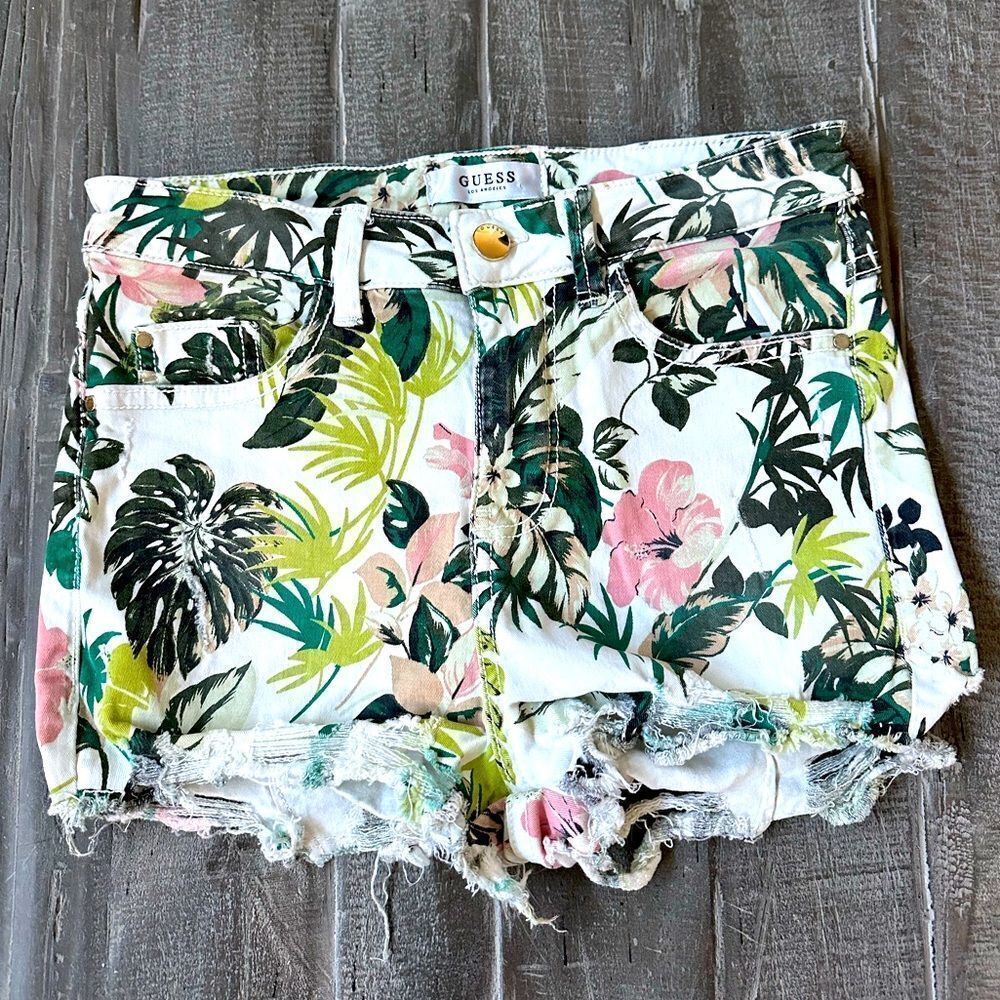 Guess Tropical Floral Cutoff Distressed Shorts 25